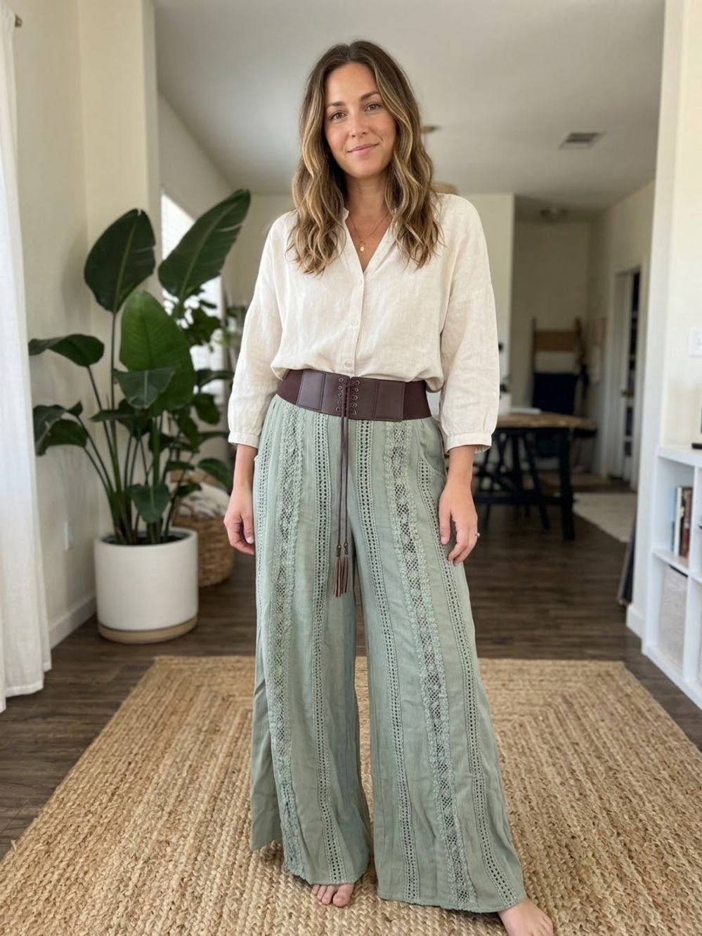 altar d state wide leg Green  pants Women’s Size Small Elastic Waistband wide 🦵